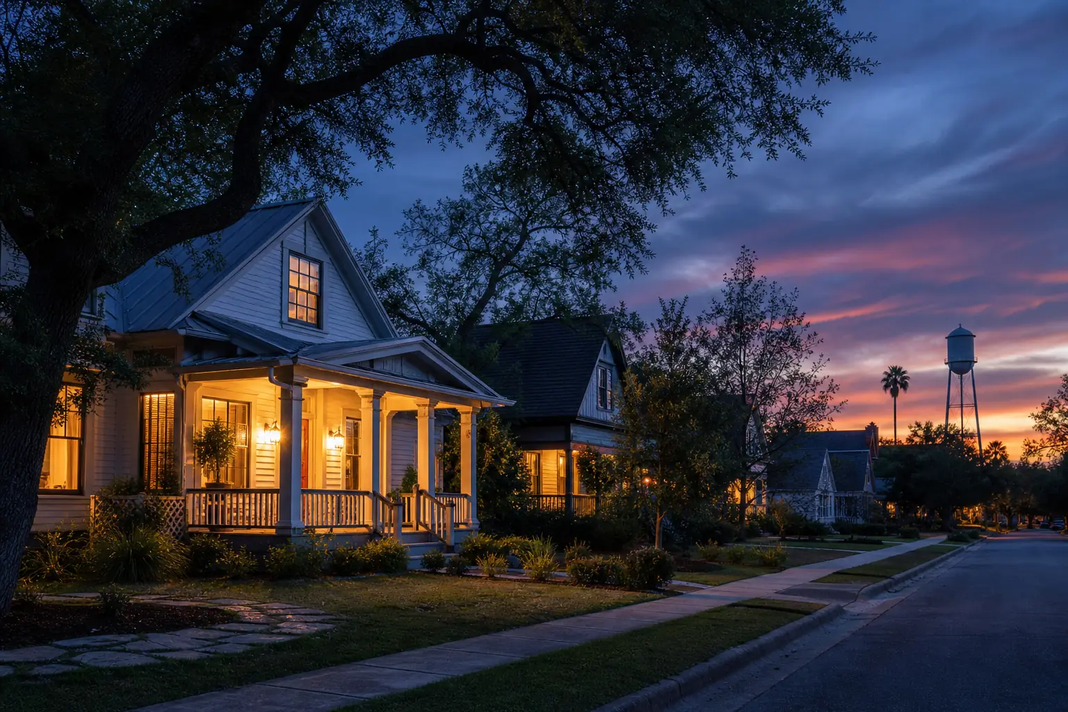 A North Texas street at blue hour, AI-generated concept imagery