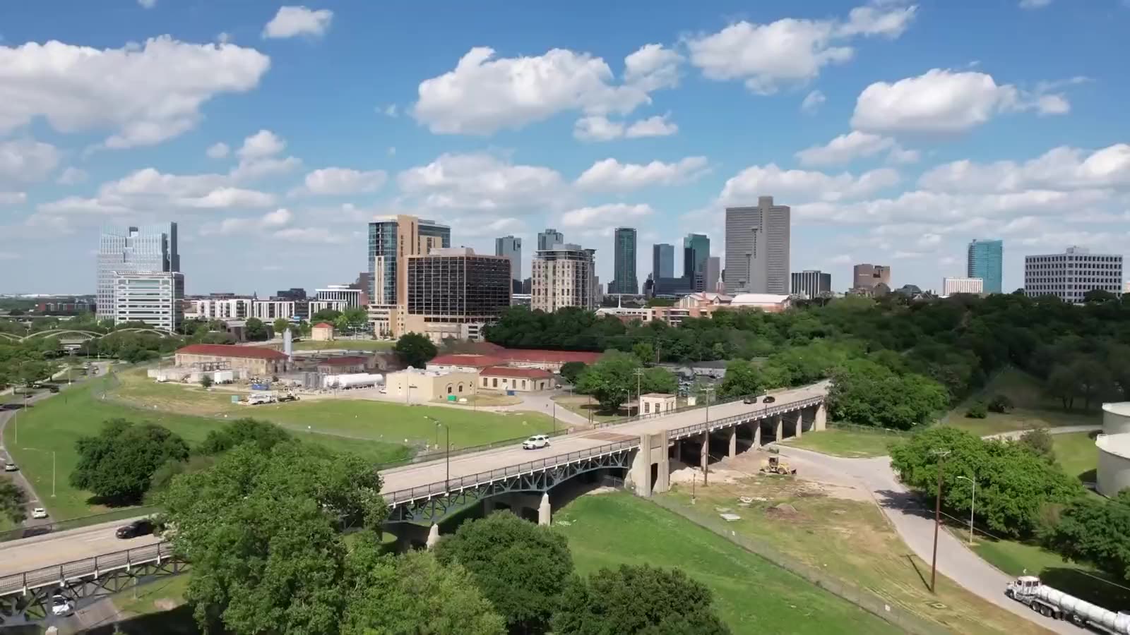 Downtown Fort Worth, Texas from above with the Trinity River and the Paddock Viaduct